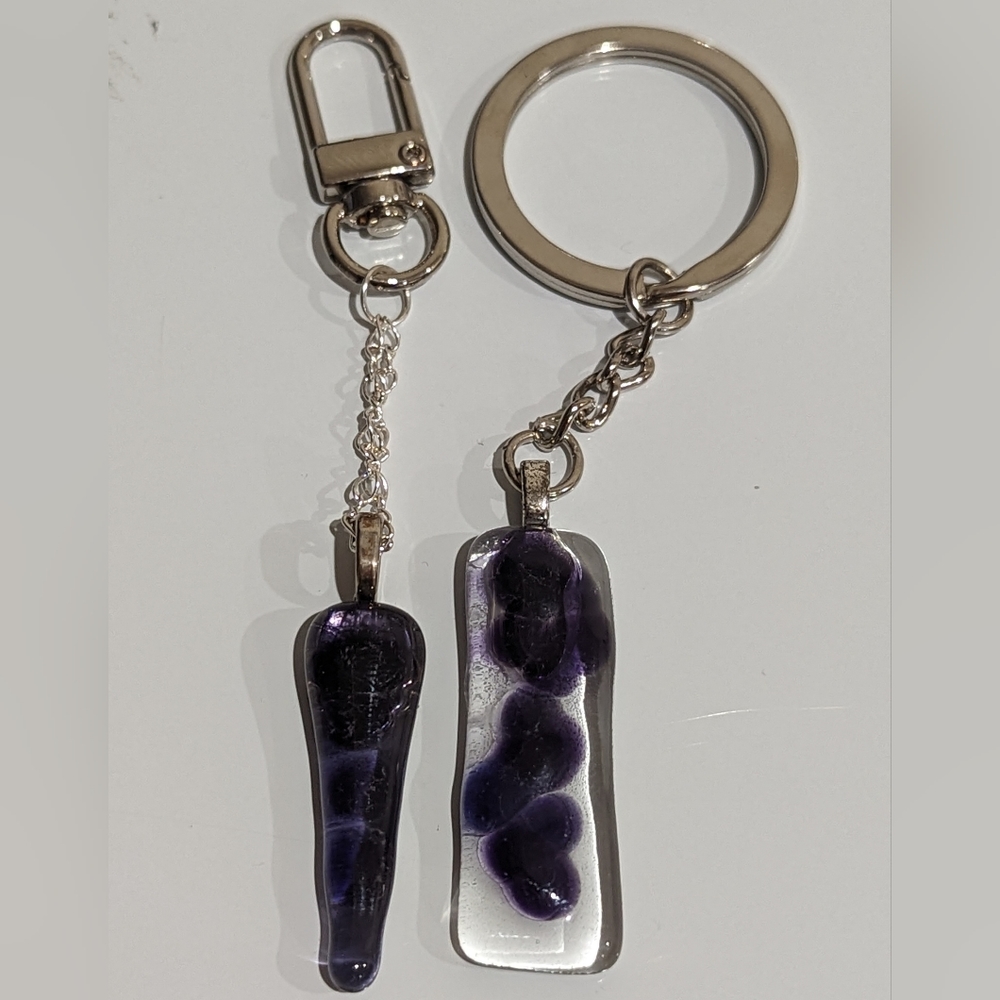 Purple lovers bag charm/key chain bundle. Handmade artisan fused glass. OOAK